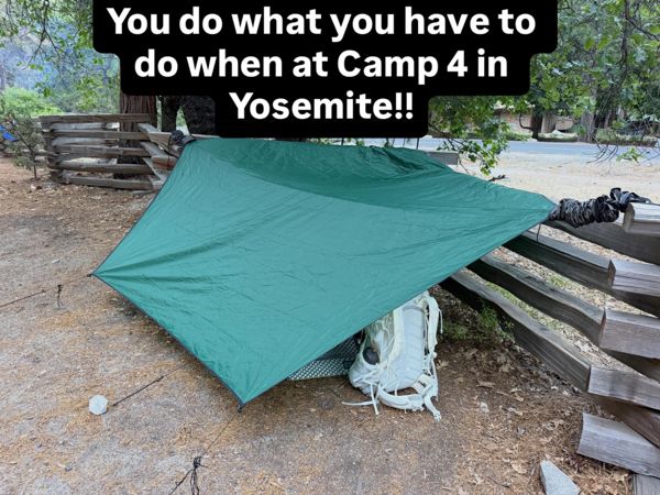 A tarp shelter at a Yosemite campsite