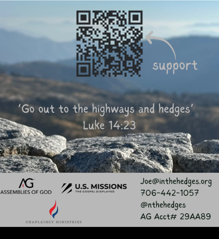 In The Hedges ministry card with a mountain landscape, Luke 14:23, and ministry support information